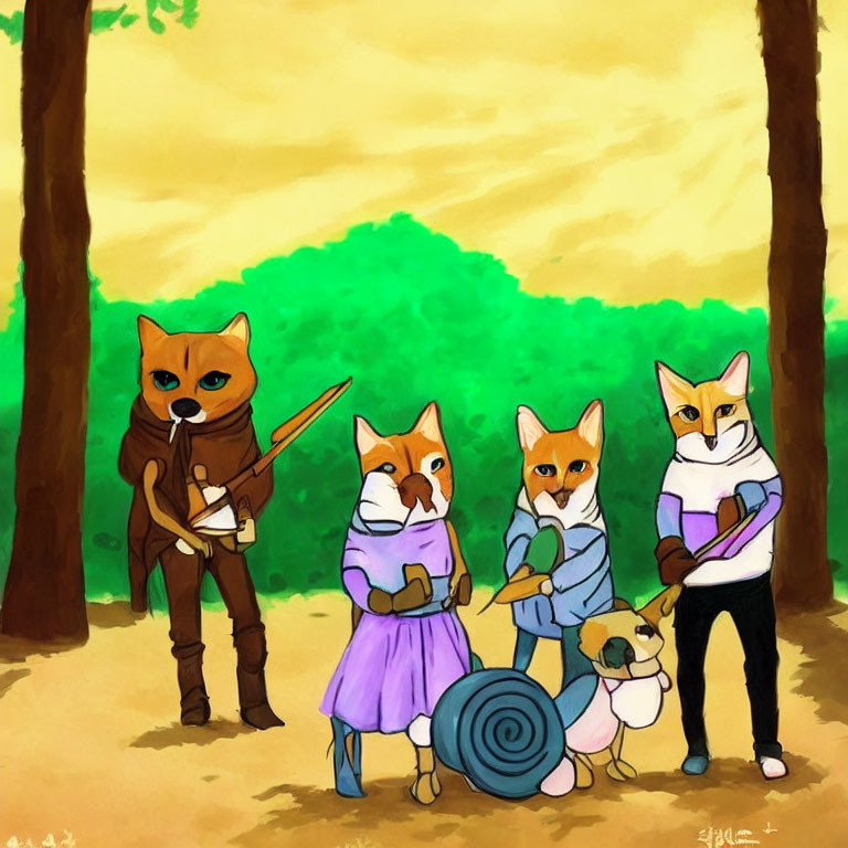 Medieval-themed anthropomorphic fox family in forest scene