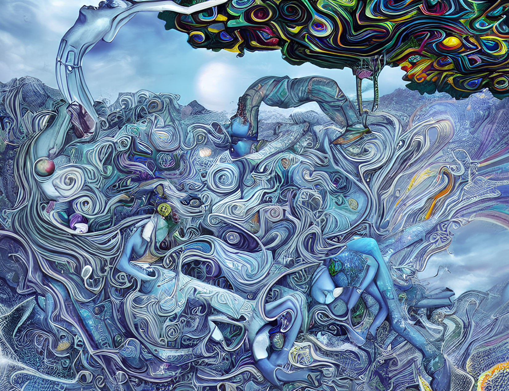 Psychedelic humanoid figures in abstract landscape under colorful sky