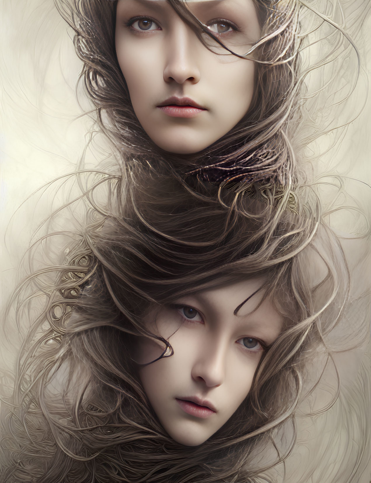 Interwoven female faces with flowing hair in surreal art