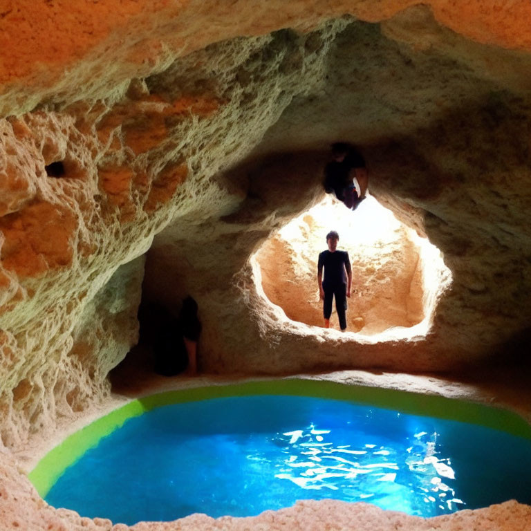 Sunlit Cave with Turquoise Pool and Silhouettes of People Exploring