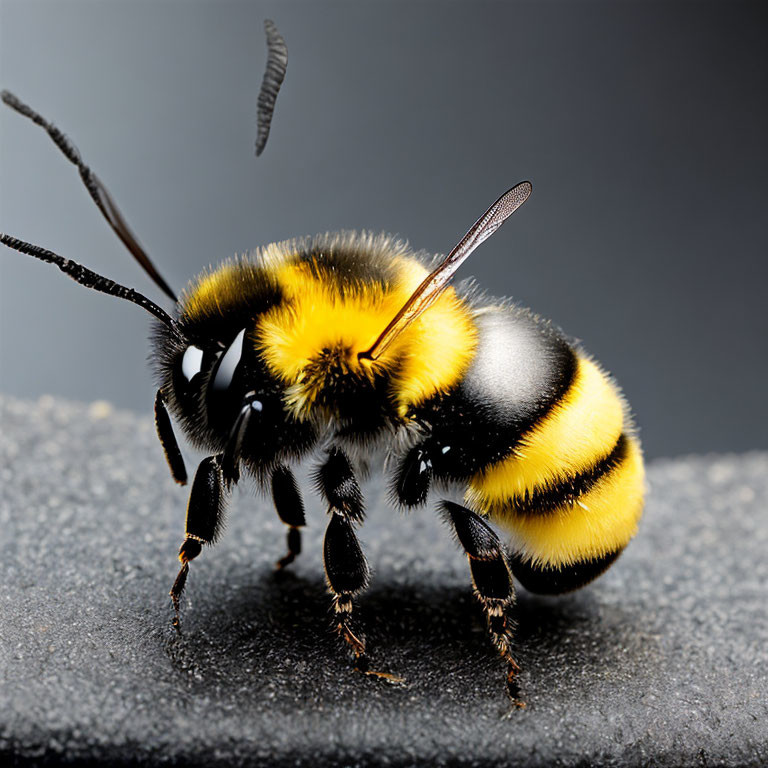 Detailed close-up of a mid-flight bumblebee with blurred wings, yellow and black stripes, and