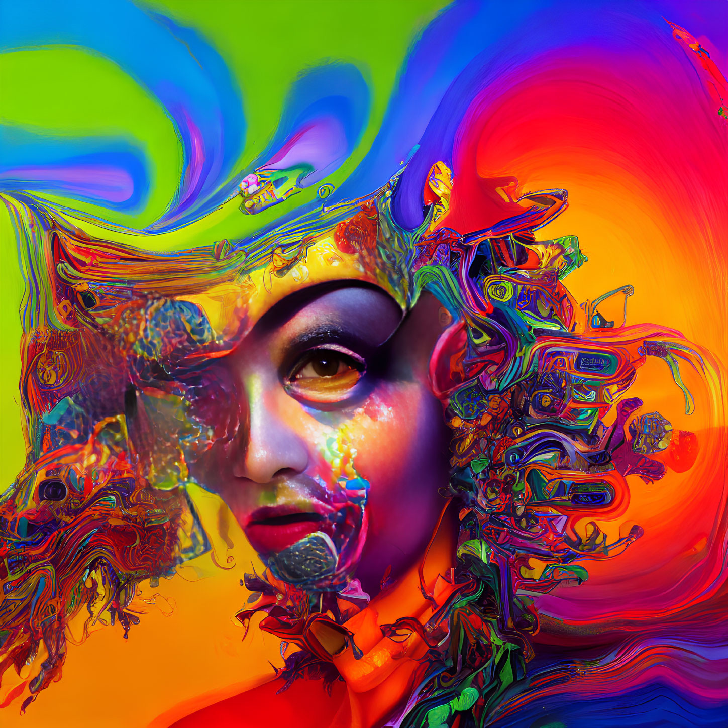 Colorful Abstract Digital Art of Woman's Face with Swirling Elements