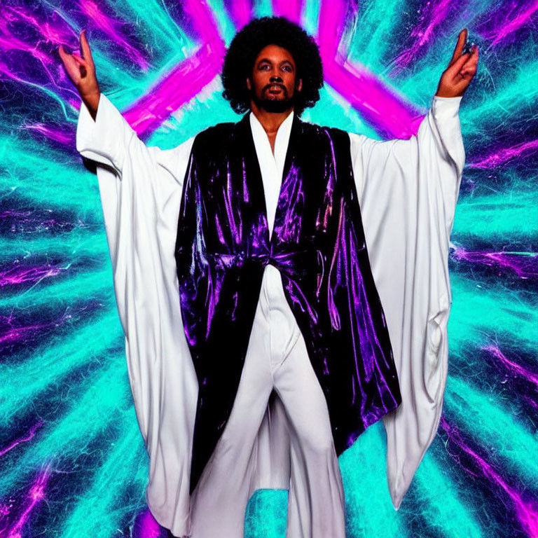 Man in White and Purple Robe with Raised Arms on Neon Pink and Blue Background