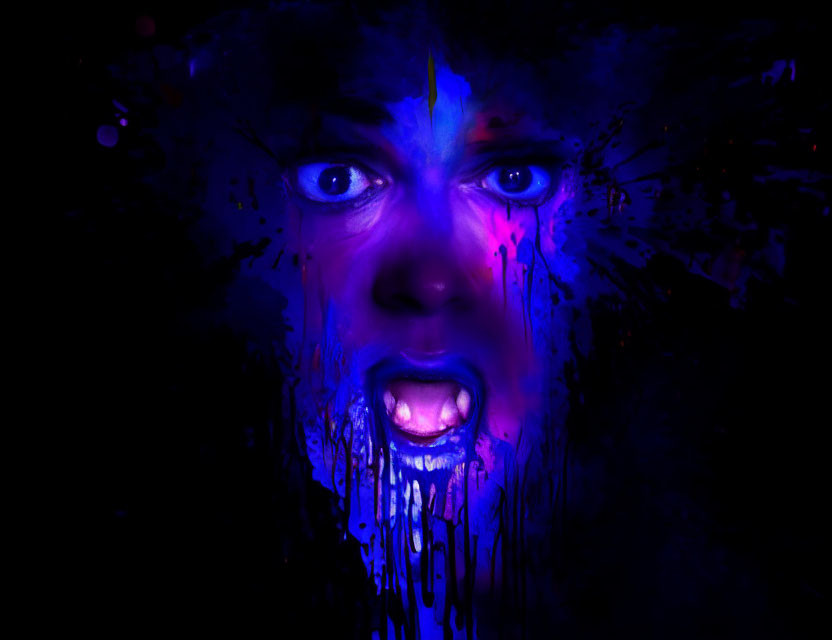 Intense blue and purple portrait with streaks of paint or blood