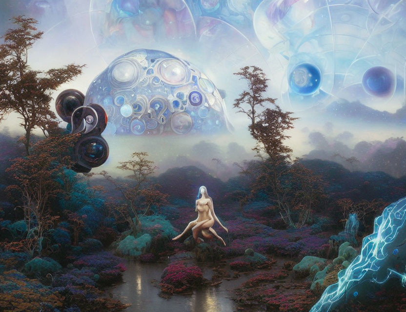 Surreal landscape with nude figure, exotic flora, and cosmic sky