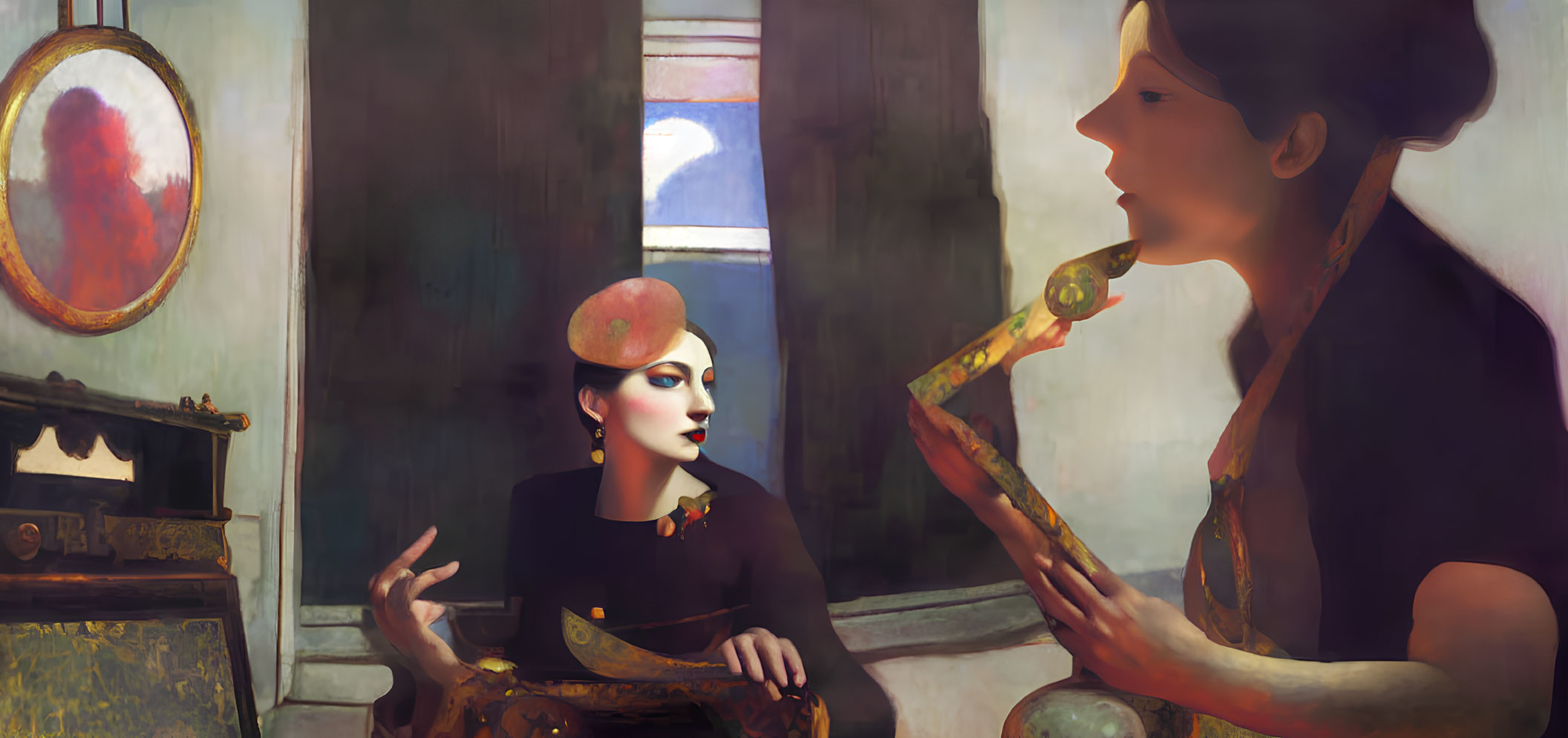 Stylized women conversing in vintage room with fireplace and mirror