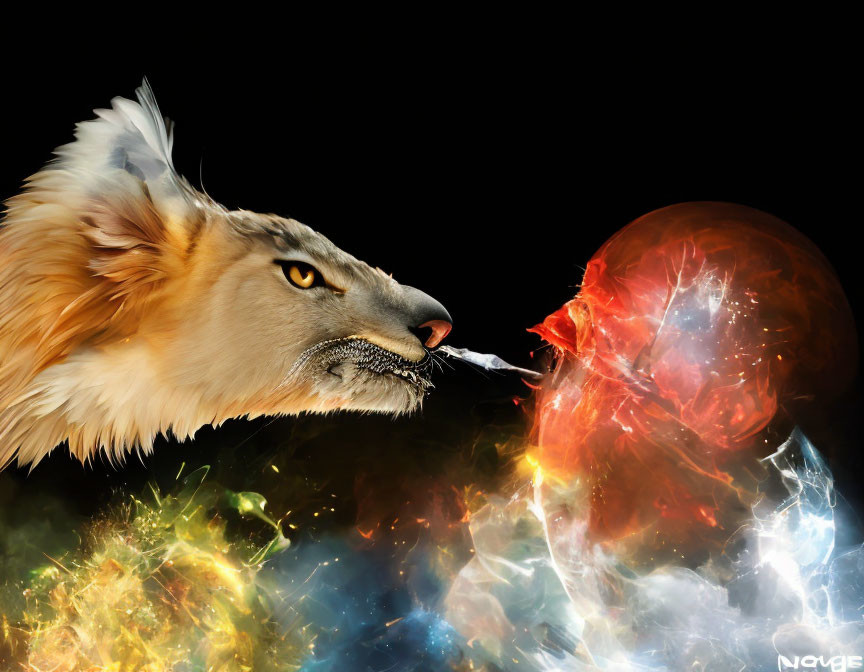 Stylized lion's head transitions into cosmic smoke with vibrant galaxies and fiery orb