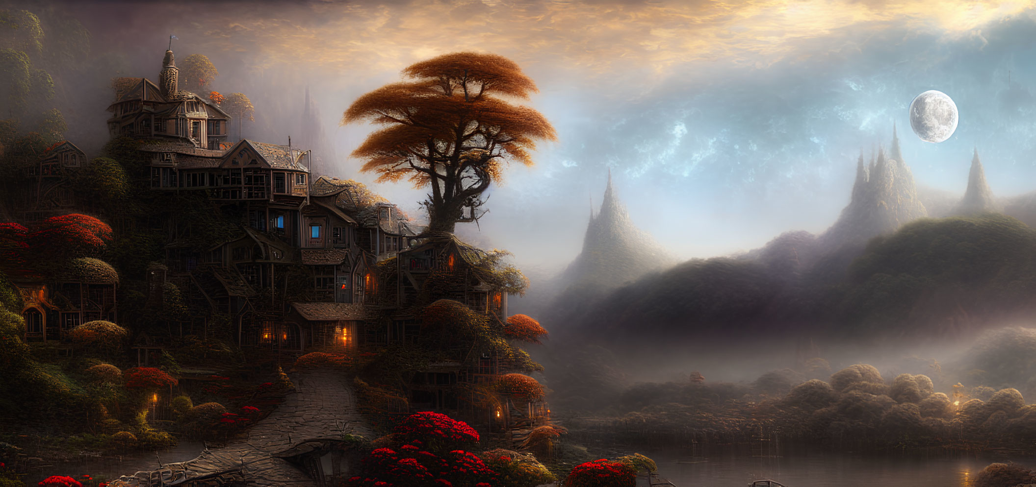 Intricate house in fantastical autumn landscape