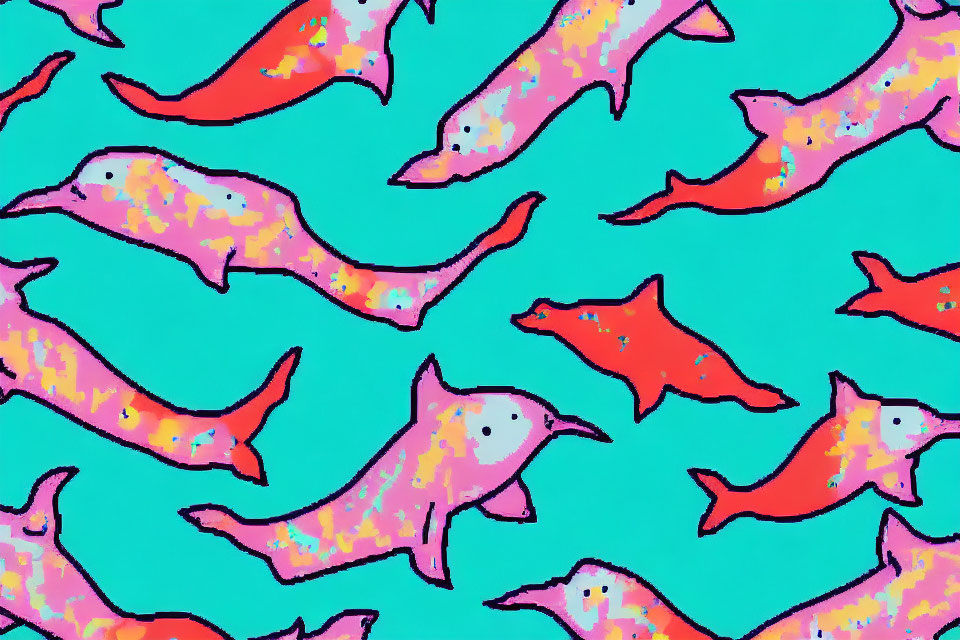 Vibrant pink dolphins pattern on turquoise background