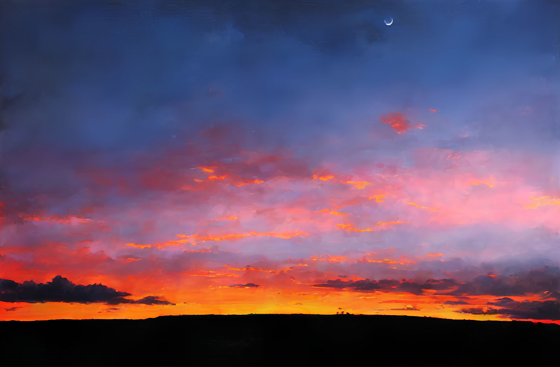 Vivid sunset painting with fiery clouds, blue sky, silhouetted land, and crescent