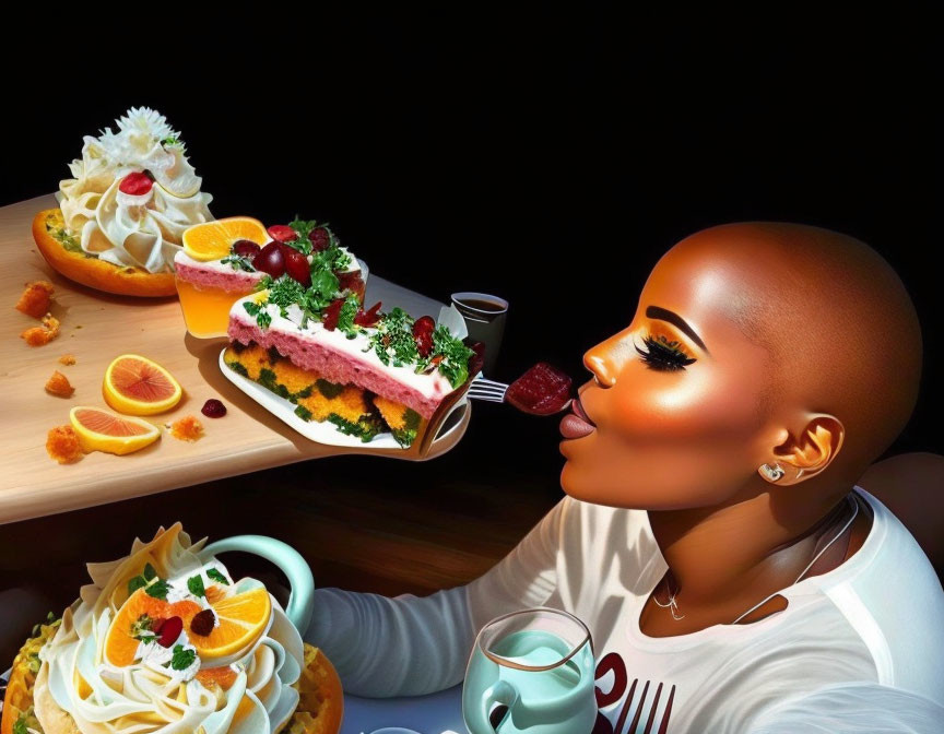 Digital artwork of woman with shaved head tasting cake in dessert scene