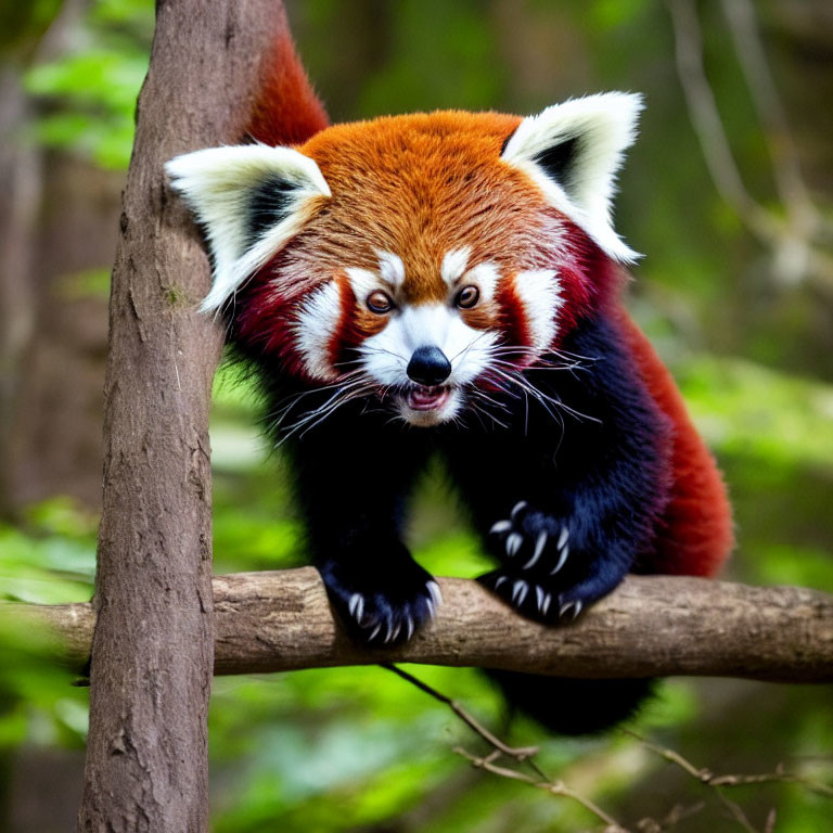 Red panda with auburn fur and facial markings on tree branch in lush forest