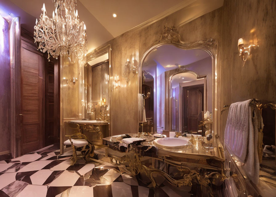 Luxurious Bathroom with Chandelier, Gold Mirrors, Gilded Vanity, Checkered Floor