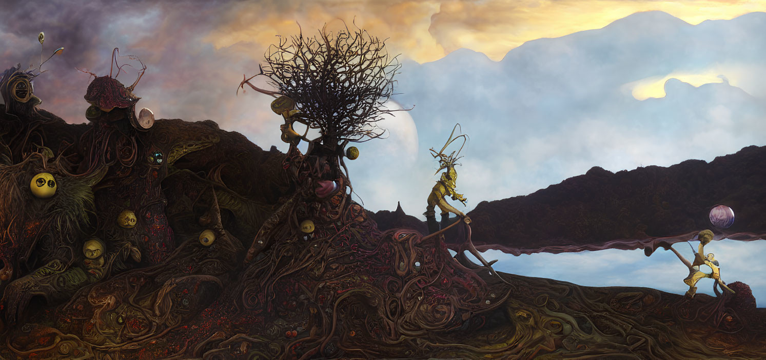 Fantastical landscape with twisted trees and strange creatures