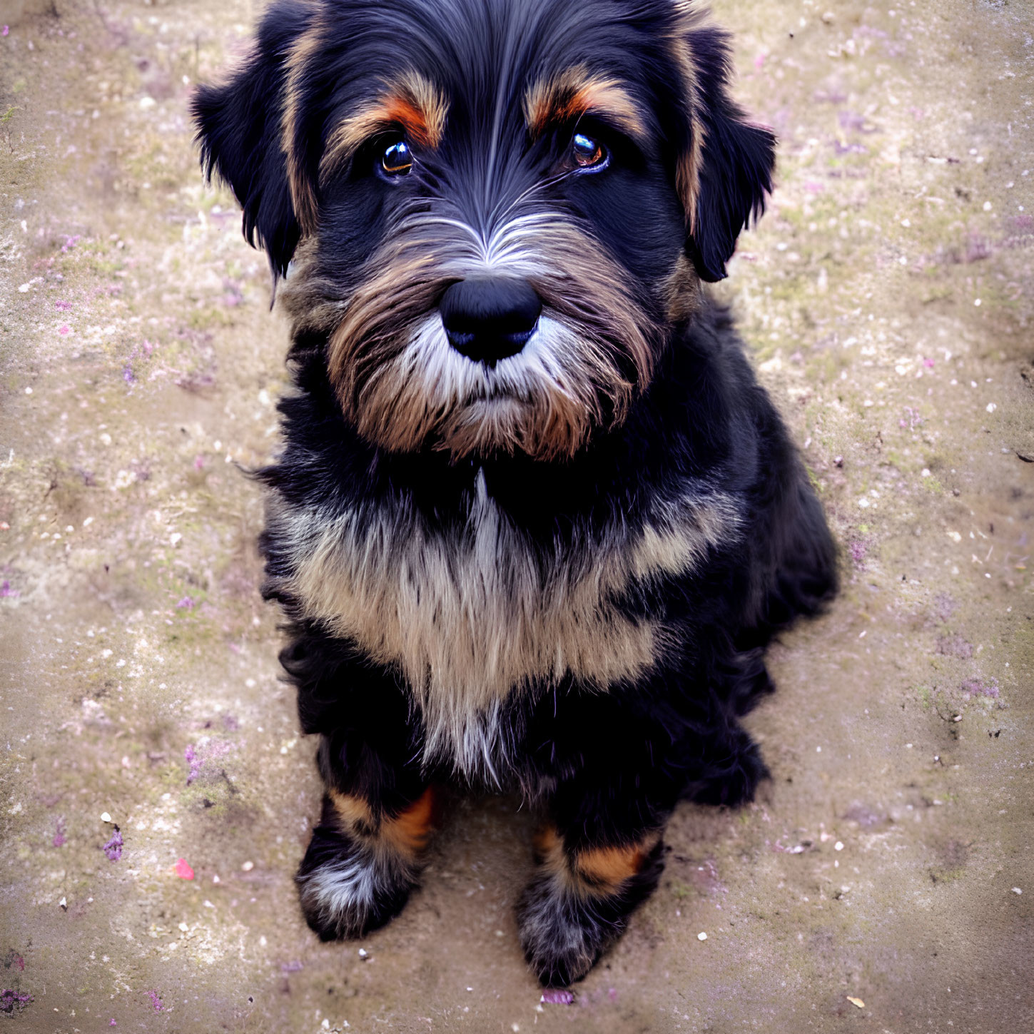Fluffy Black and Tan Dog with Expressive Eyes on Textured Ground
