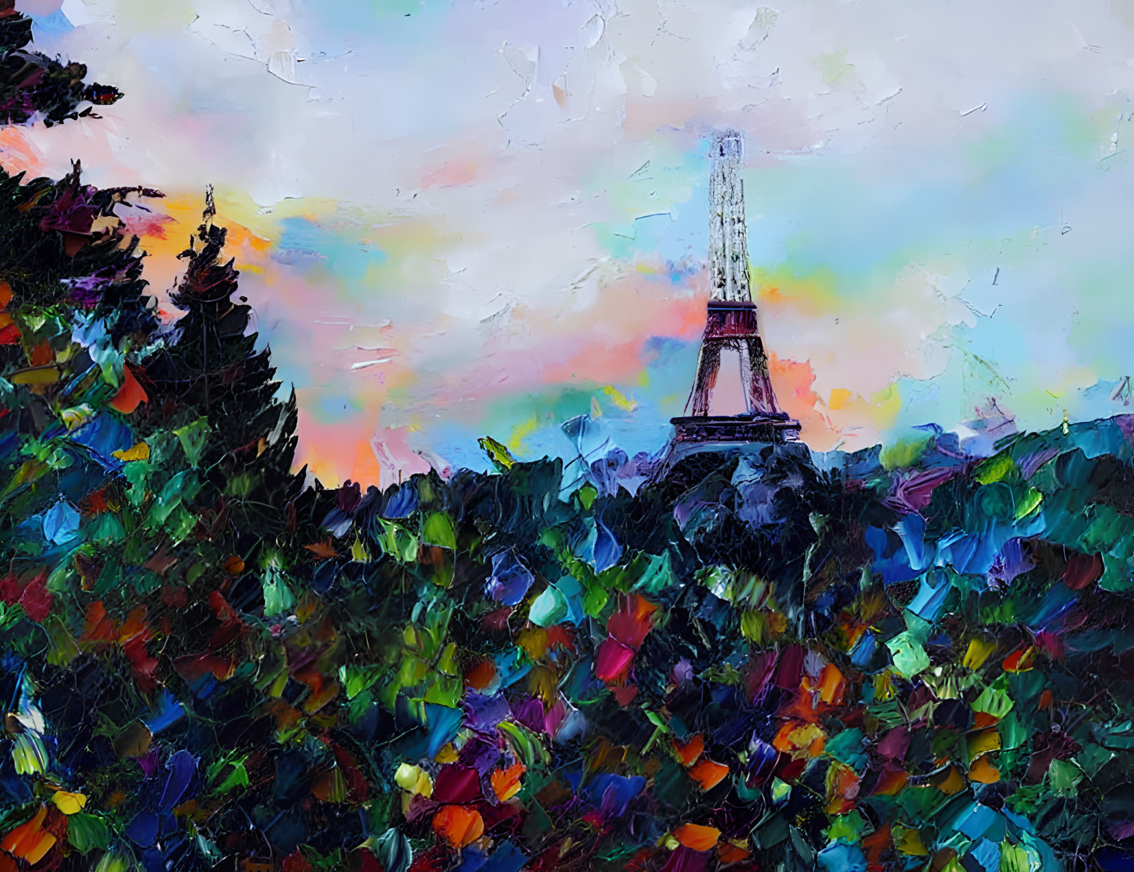Vibrant Impressionist Eiffel Tower Painting with Colorful Foliage