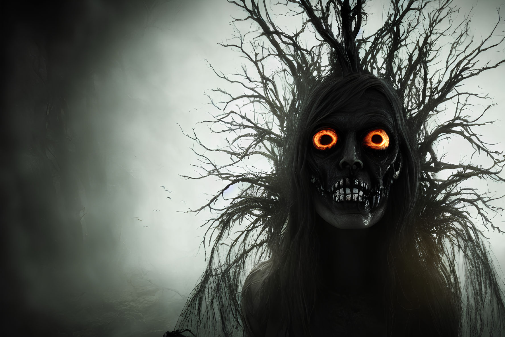 Spooky skeletal figure with glowing eyes and branch hair on dark misty backdrop