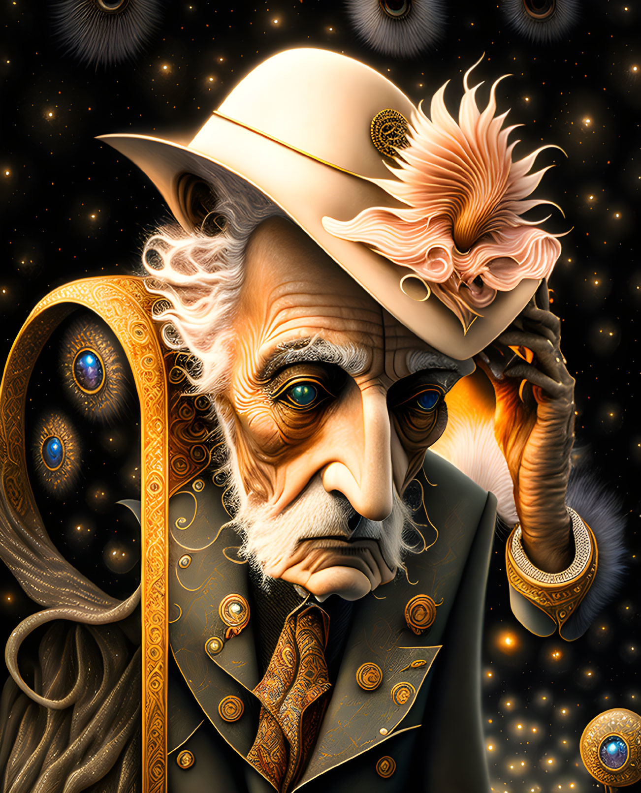 Illustration of older man with cosmic features and time motifs wearing hat