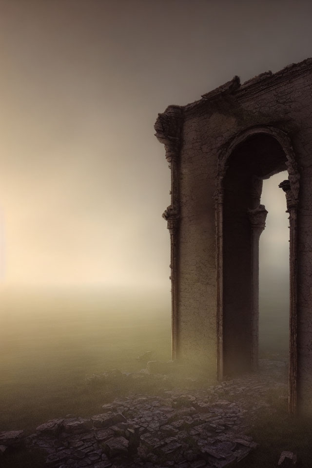 Abandoned structure with archways in foggy haze