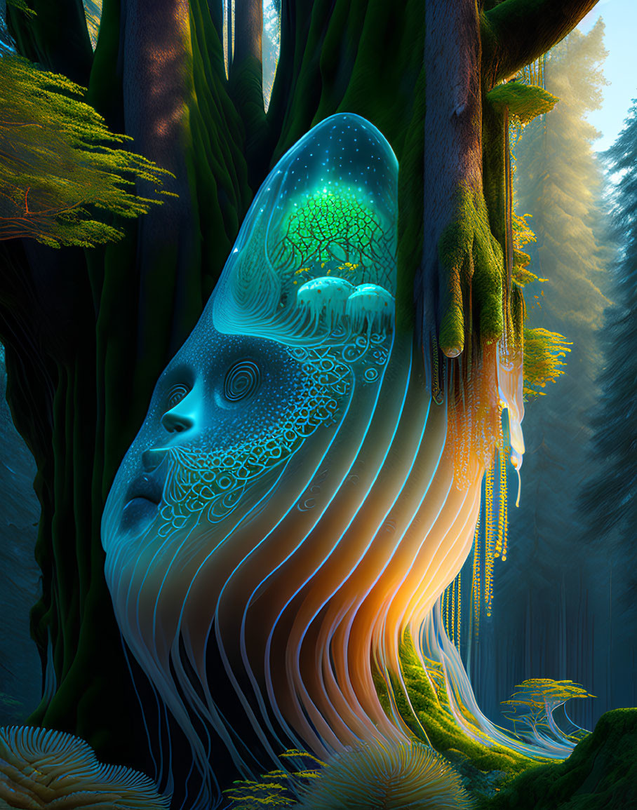 Surreal humanoid face with tree-like features in mystical forest