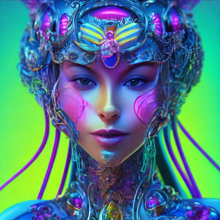 Vibrant futuristic portrait of woman with elaborate headgear and cybernetic elements