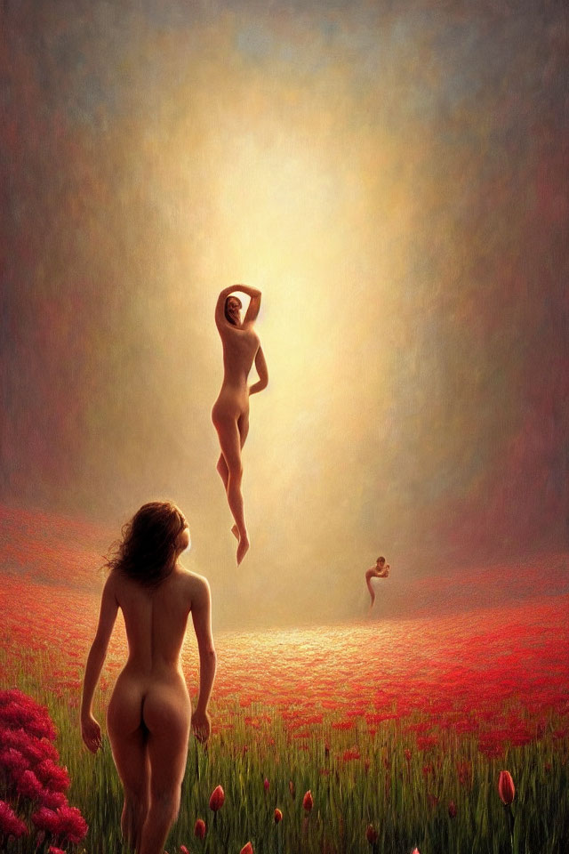 Surreal painting of levitating figures above red flower field