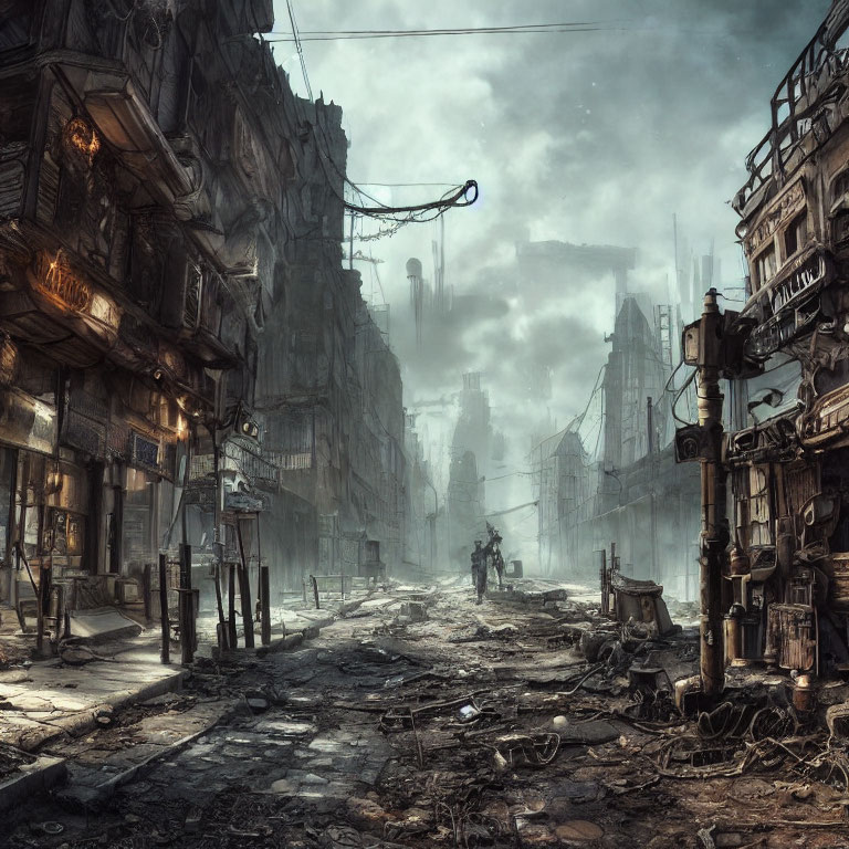 Desolate post-apocalyptic street with dilapidated buildings and eerie fog