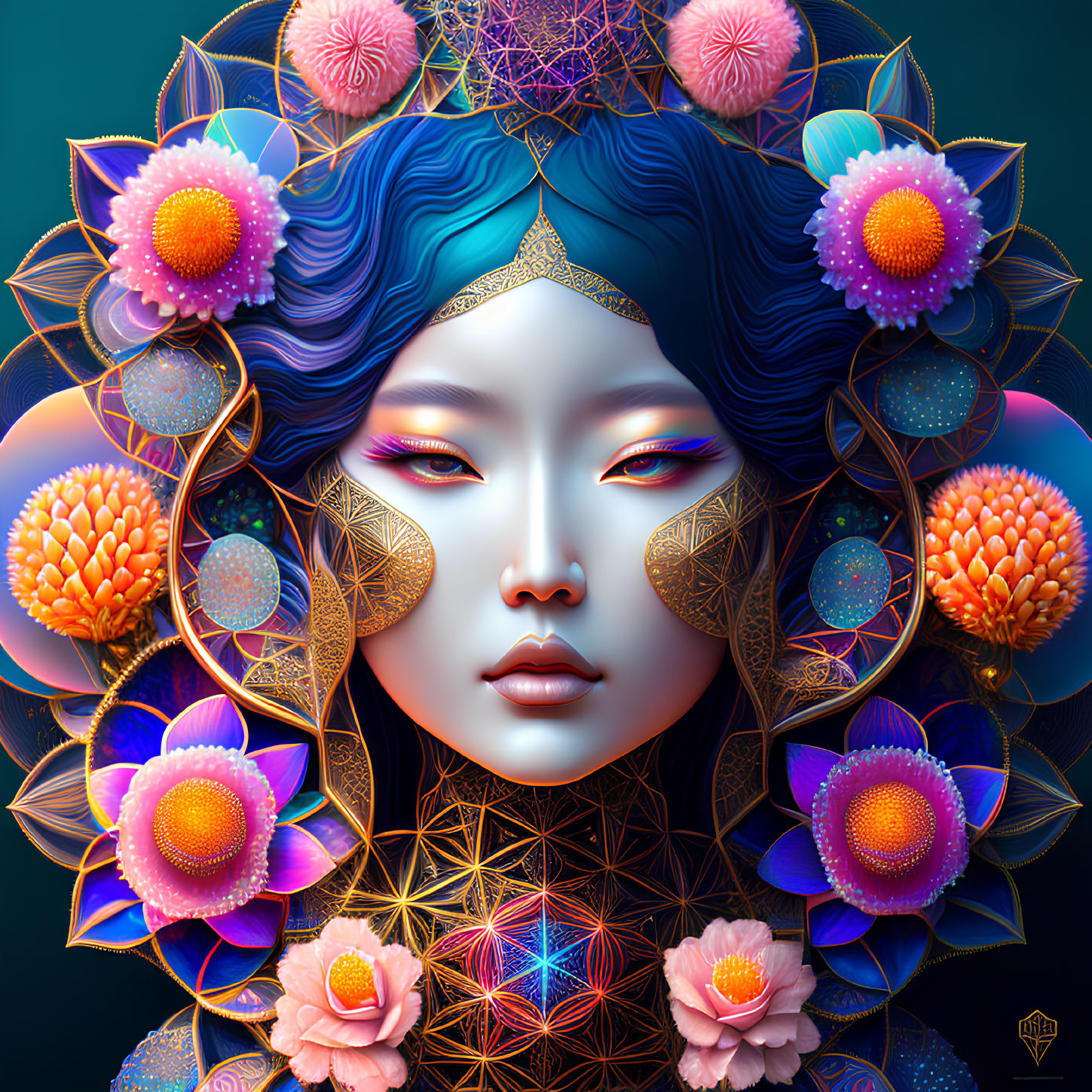 Colorful digital artwork: Woman's face with flowers & geometric patterns