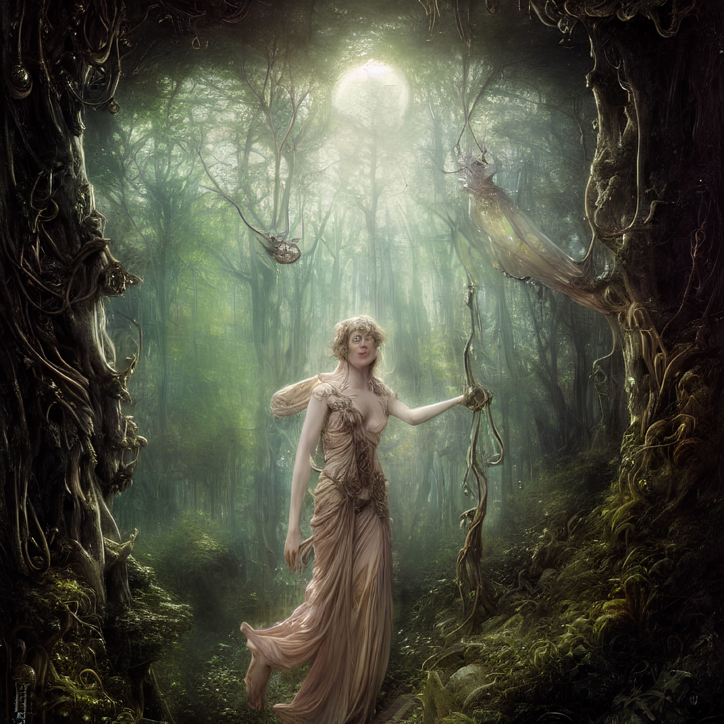 Woman in flowing dress in enchanted forest with glowing orb and owl