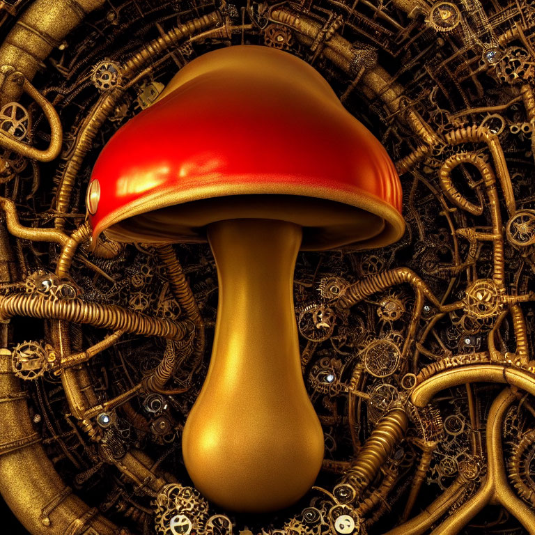 Golden Mushroom with Red Cap Surrounded by Brass Gears and Mechanical Parts
