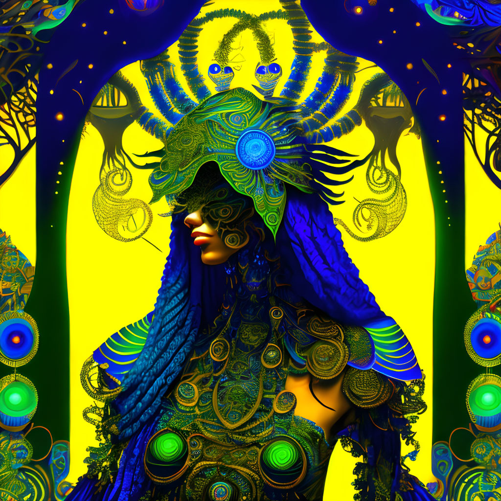 Colorful digital art: Figure in blue and gold headdress with peacock feathers on luminous yellow