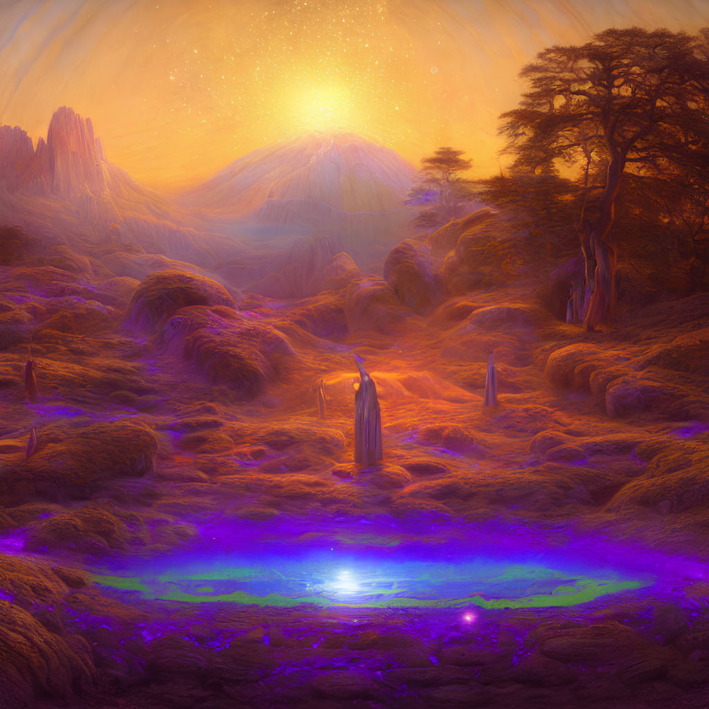 Vibrant fantasy landscape with glowing purple flora and luminous blue pond