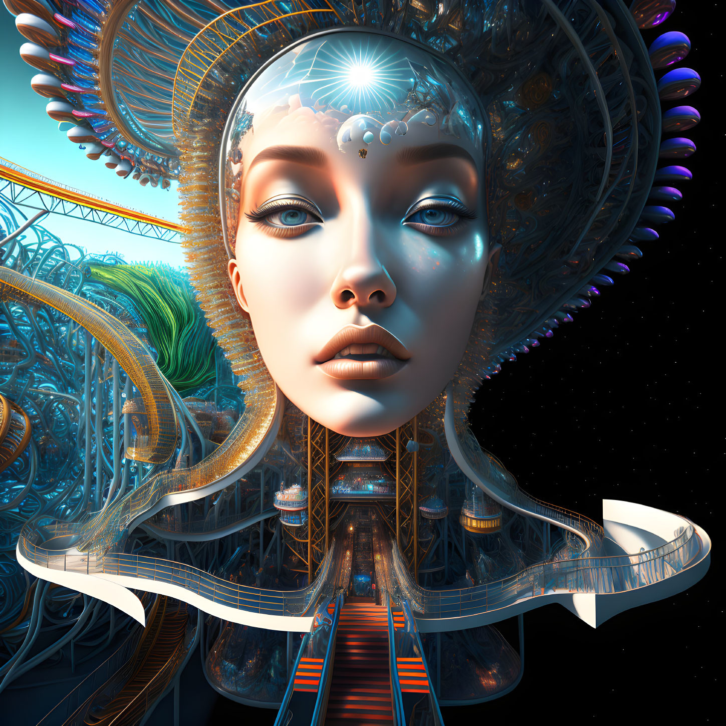 Futuristic robotic woman with intricate headpiece in sci-fi cityscape