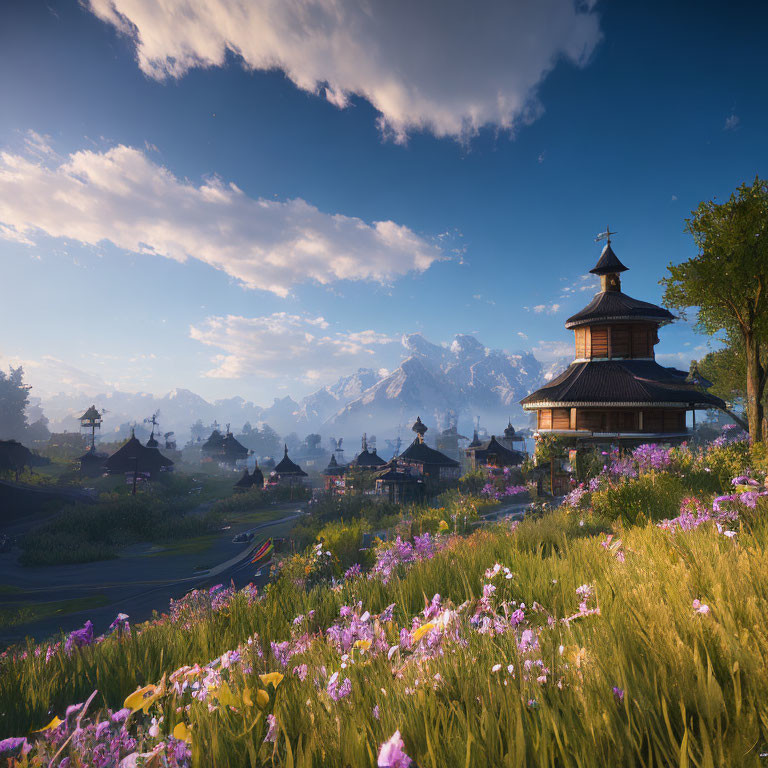 Traditional pagoda in village with wildflowers under clear blue sky