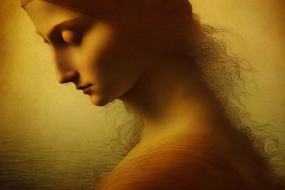 Classical female figure with flowing hair on golden background