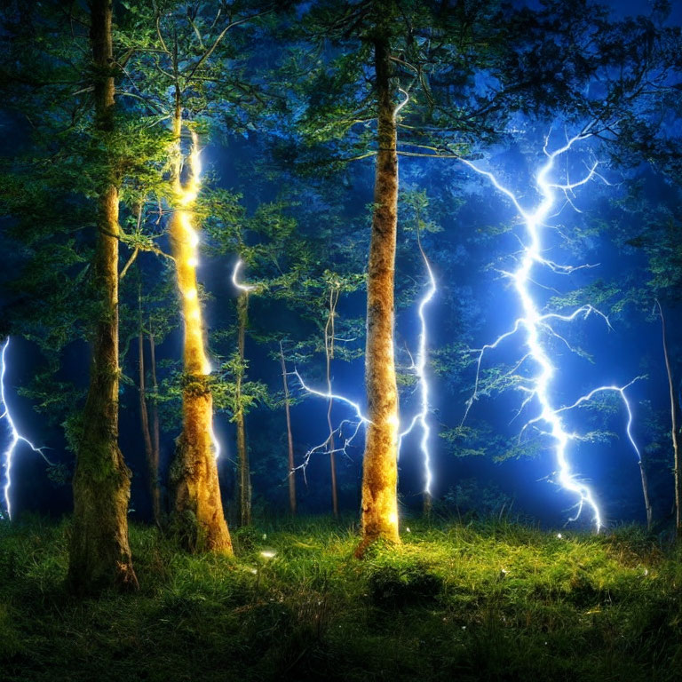 Mystical forest scene with ethereal blue light and lightning effects