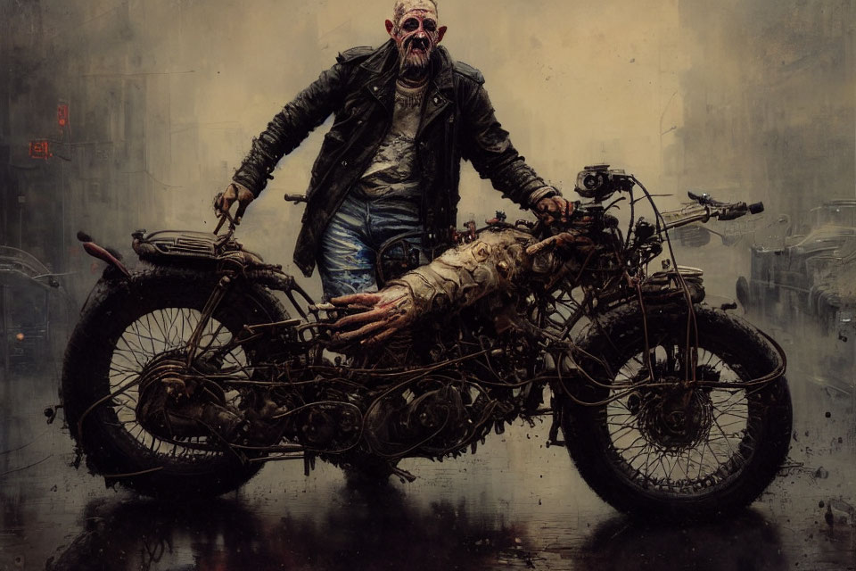 Survivalist on rugged motorcycle in post-apocalyptic cityscape