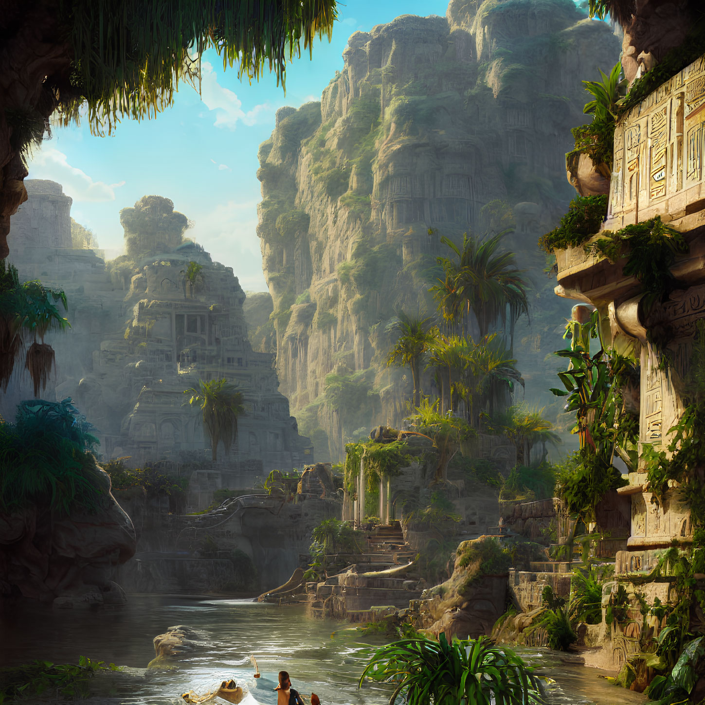 Jungle landscape with cliffs, ruins, river, canoe, and sunlit sky
