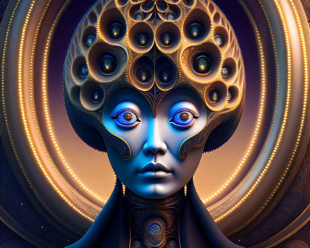 Colorful digital artwork of humanoid face with peacock feathers, golden patterns, blue eyes, cosmic backdrop