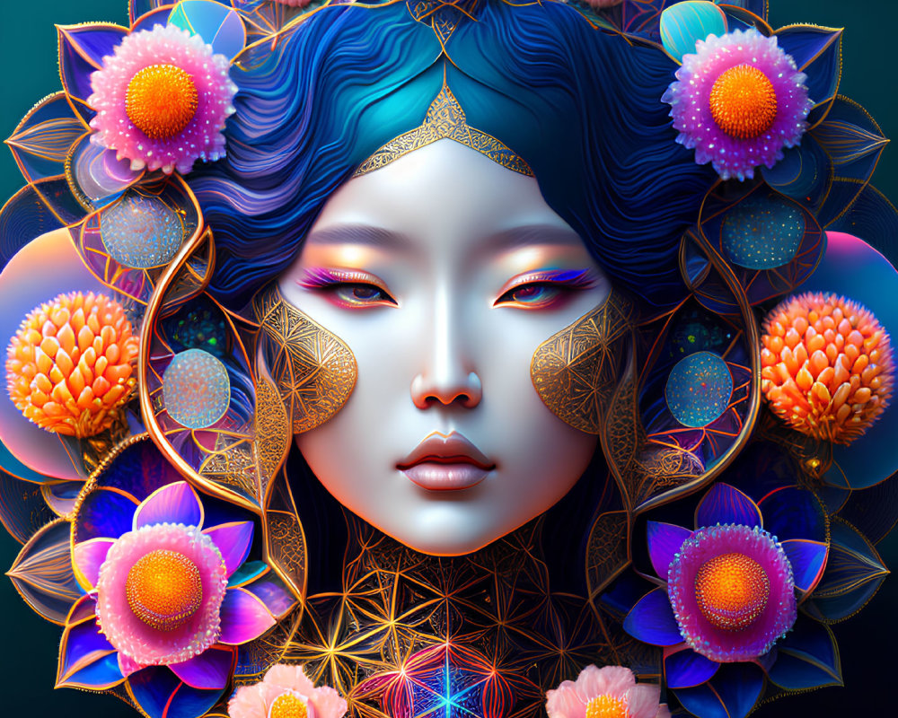 Colorful digital artwork: Woman's face with flowers & geometric patterns