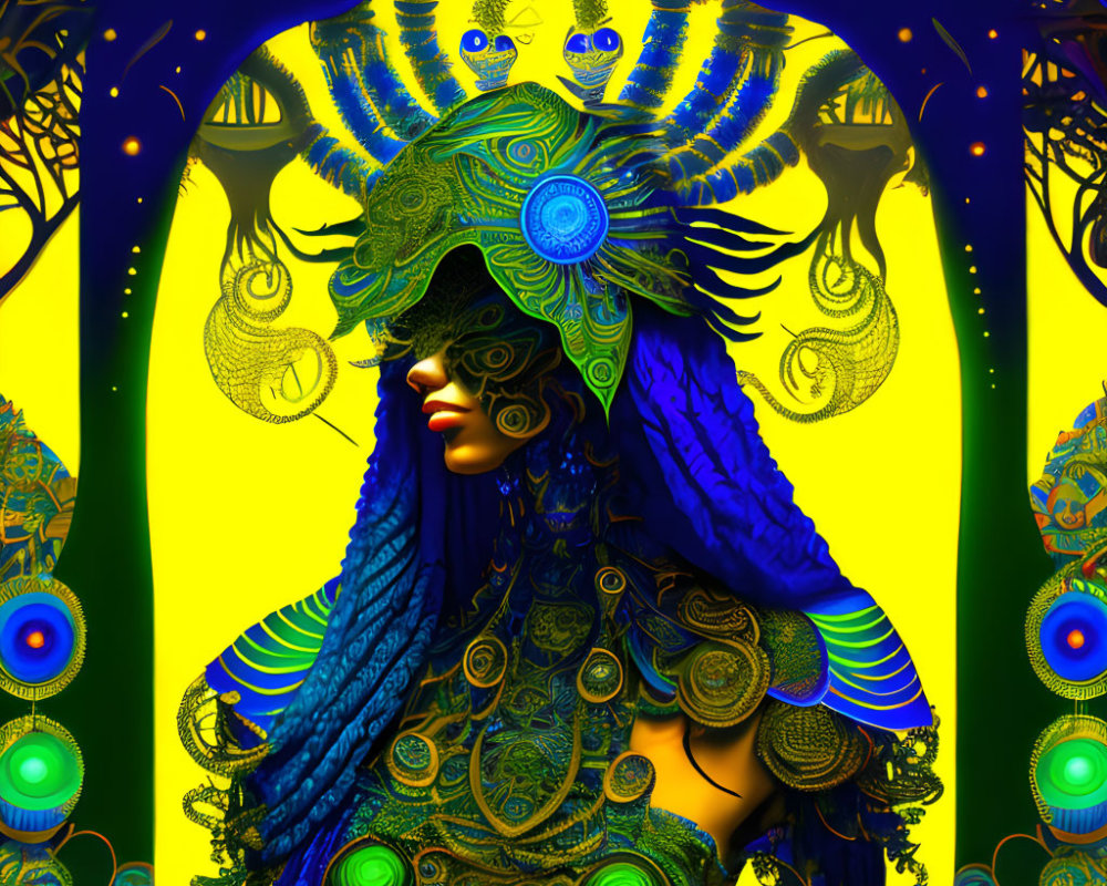 Colorful digital art: Figure in blue and gold headdress with peacock feathers on luminous yellow