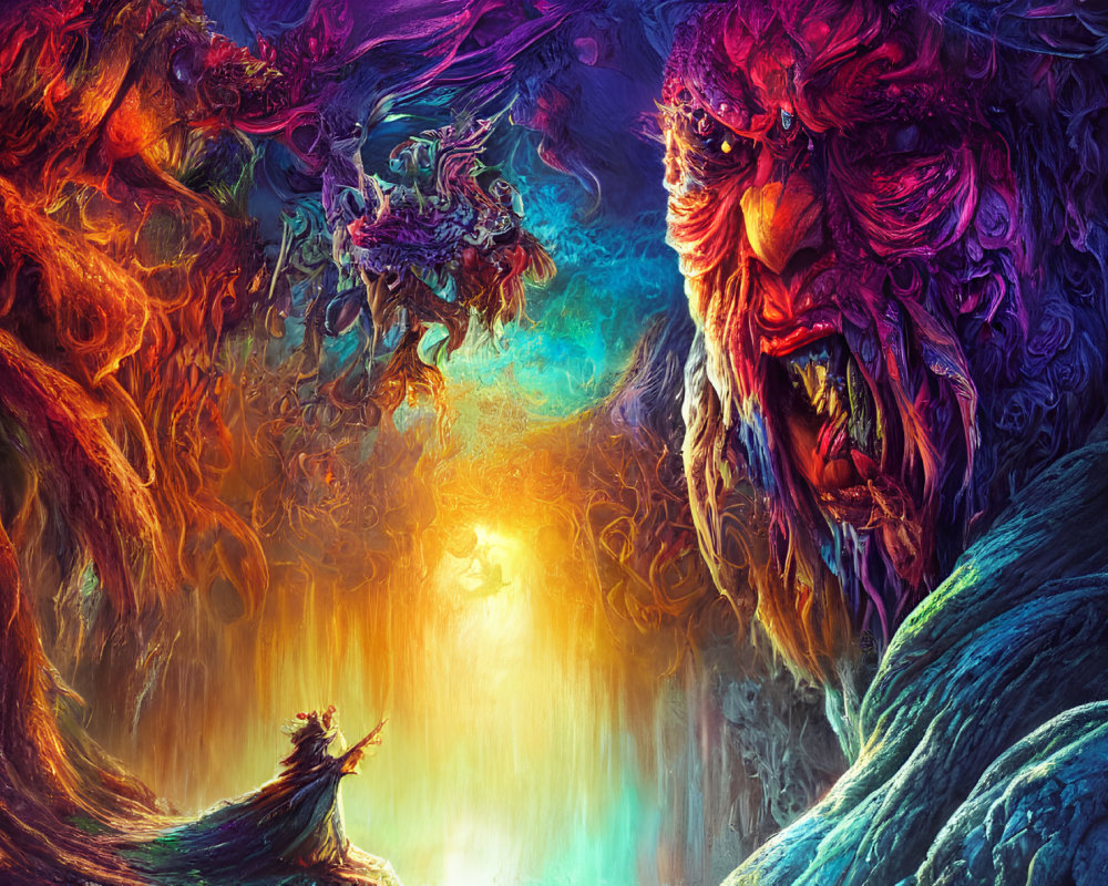 Colorful towering creature with beard in vibrant fantasy scene surrounded by mythical creatures and luminous backdrop