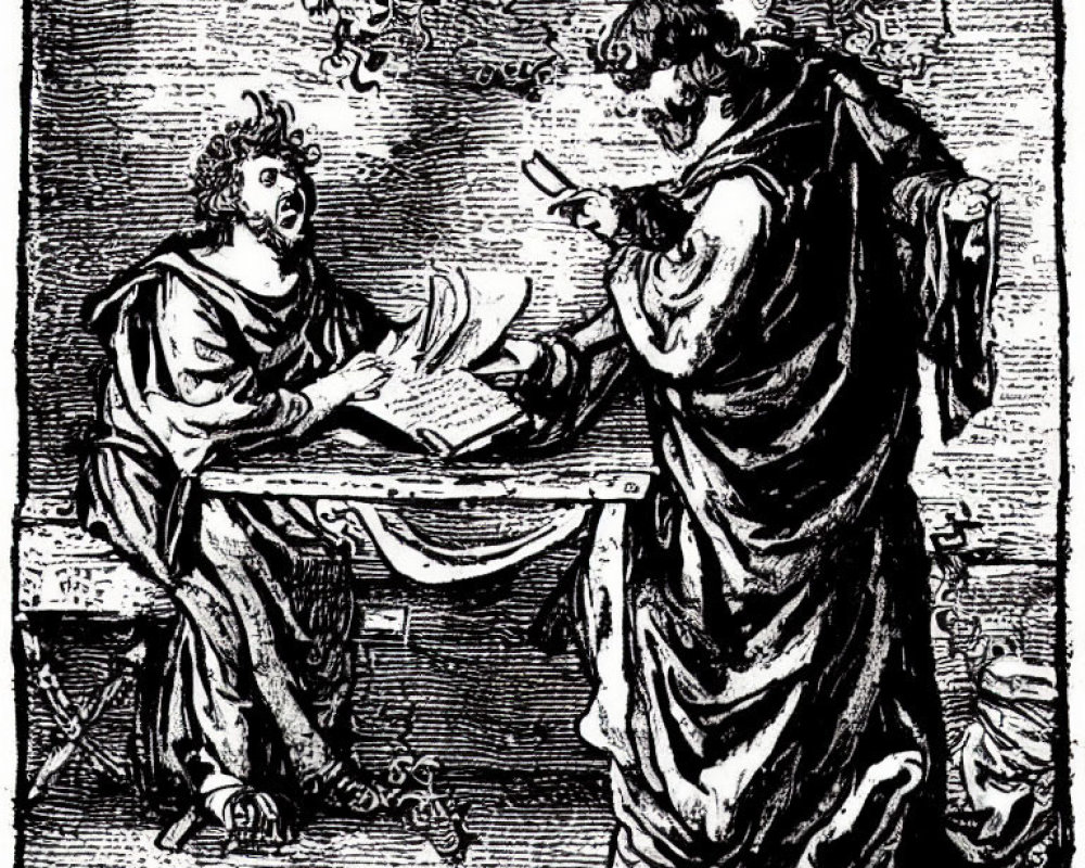 Monochrome illustration of two robed figures with open book
