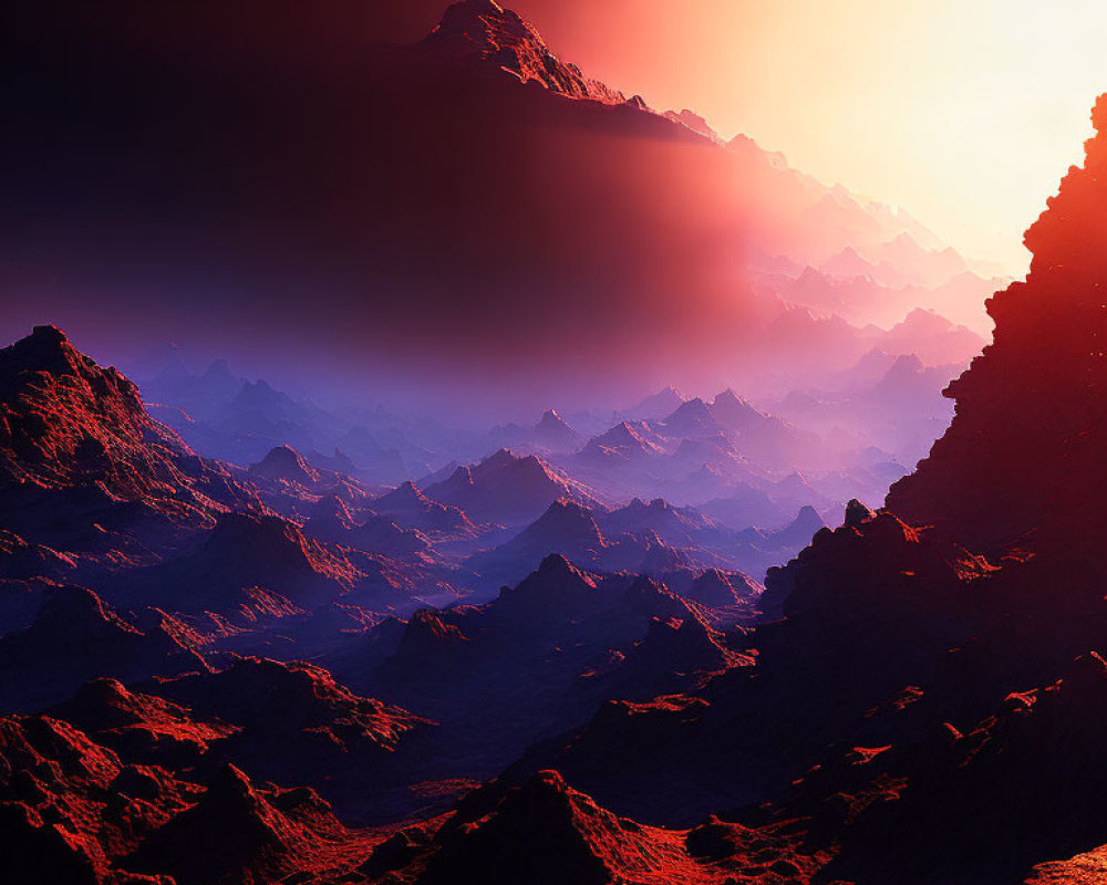 Red-tinged mountainous landscape under hazy sky with bright peak light