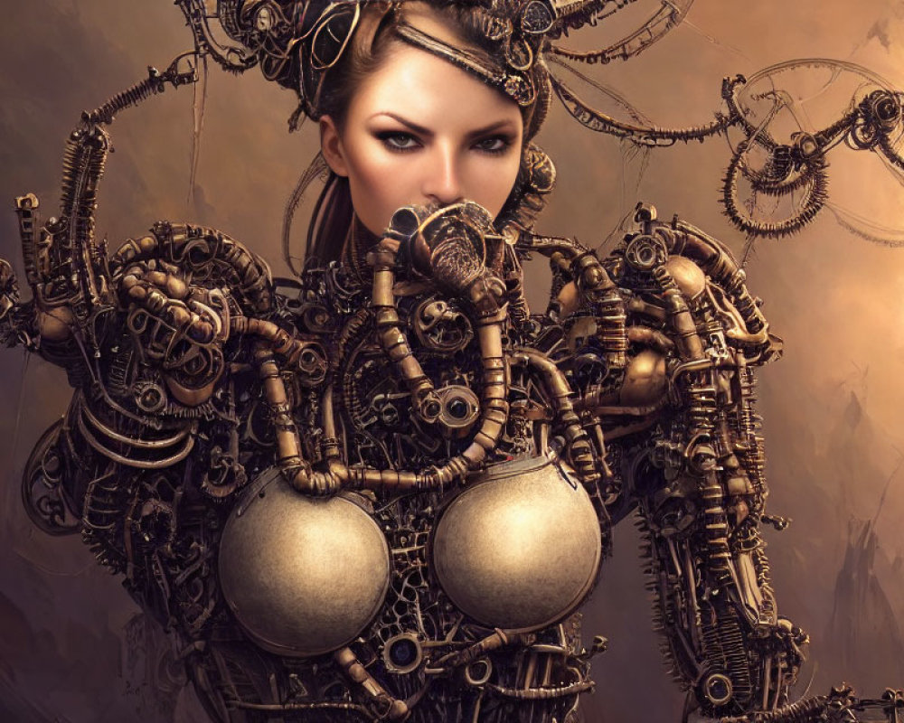 Steampunk-style digital artwork featuring woman with mechanical body parts
