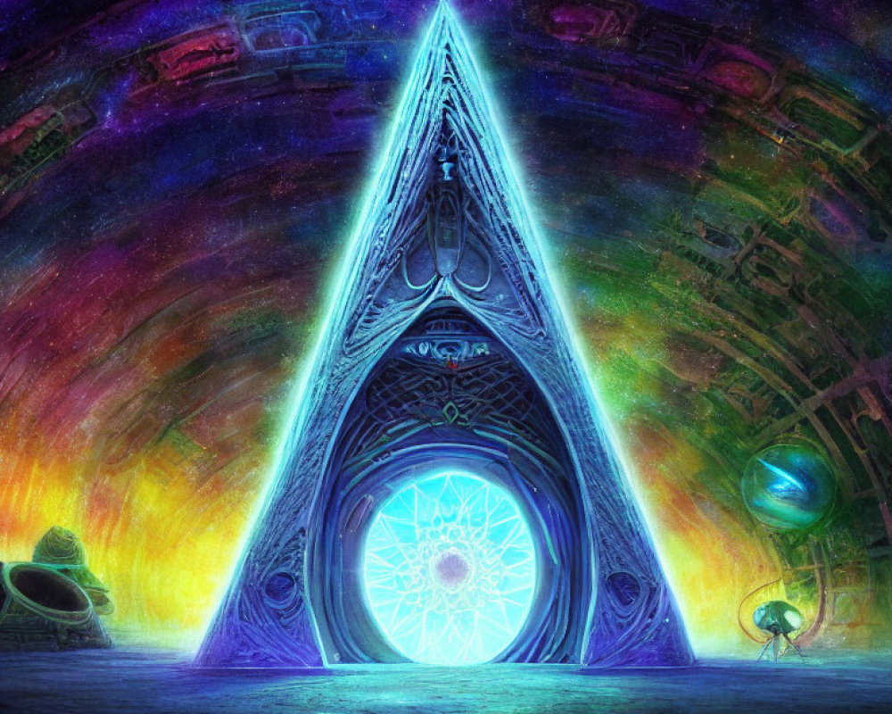 Colorful digital artwork: Glowing triangular portal in cosmic setting