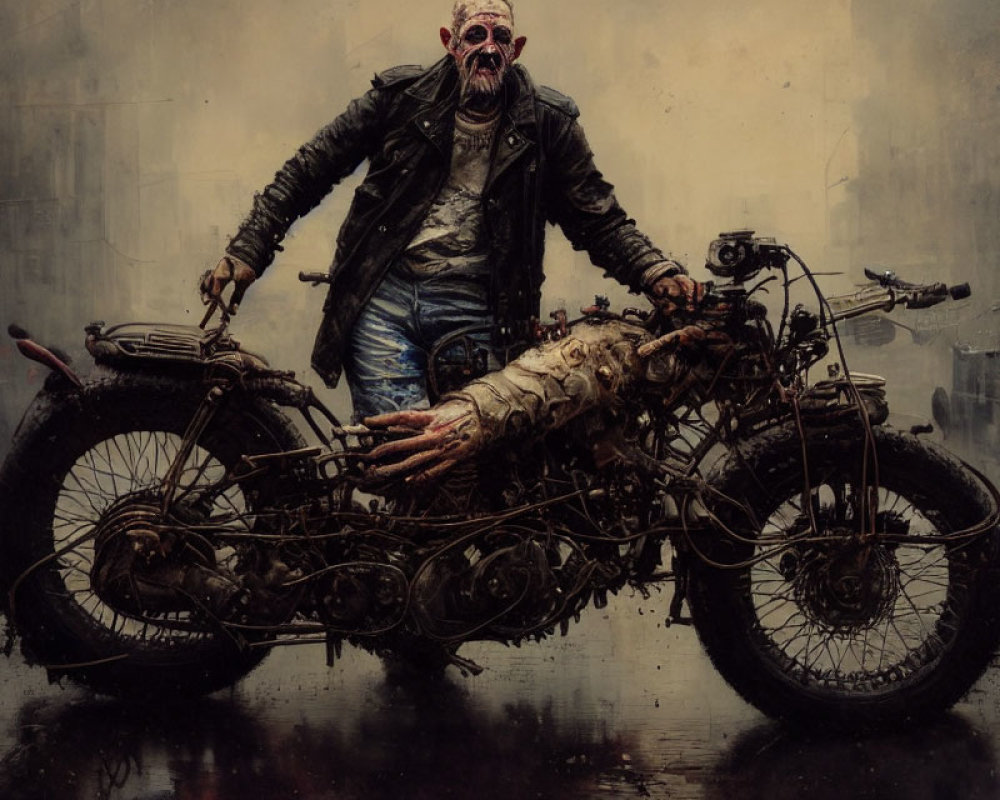 Survivalist on rugged motorcycle in post-apocalyptic cityscape