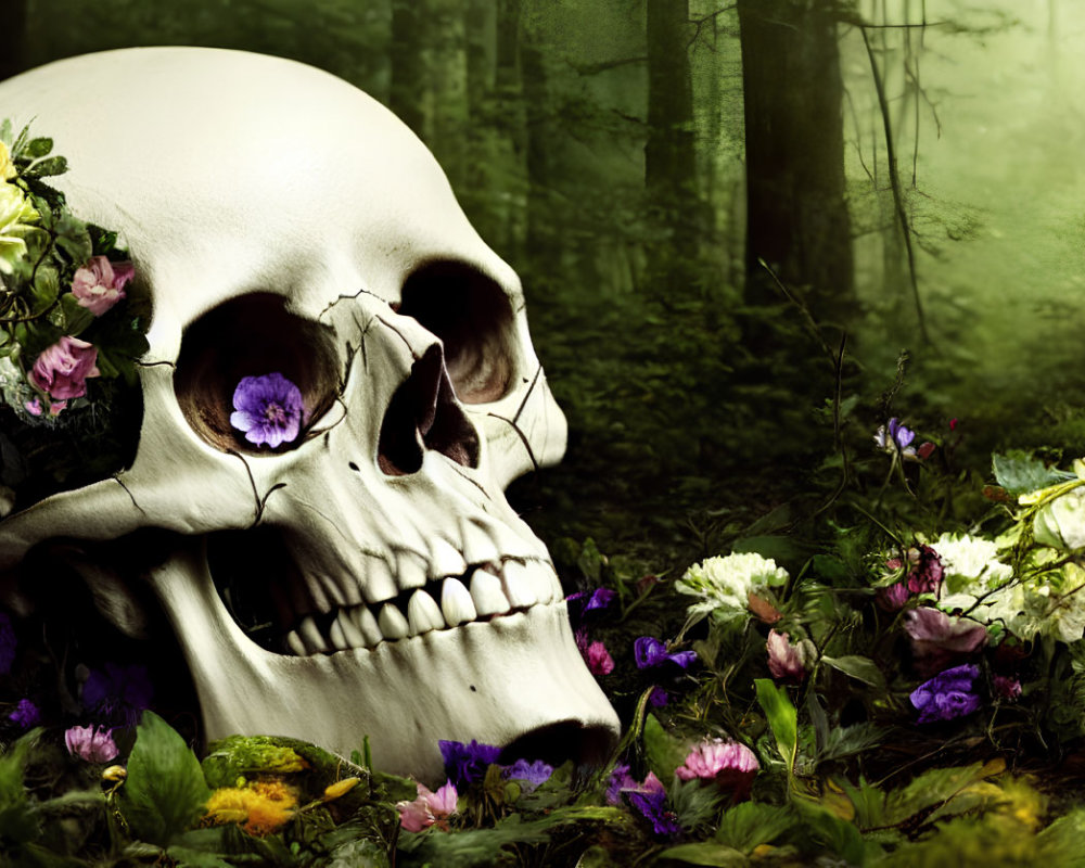 Large Skull with Crack Surrounded by Vibrant Flowers in Misty Forest