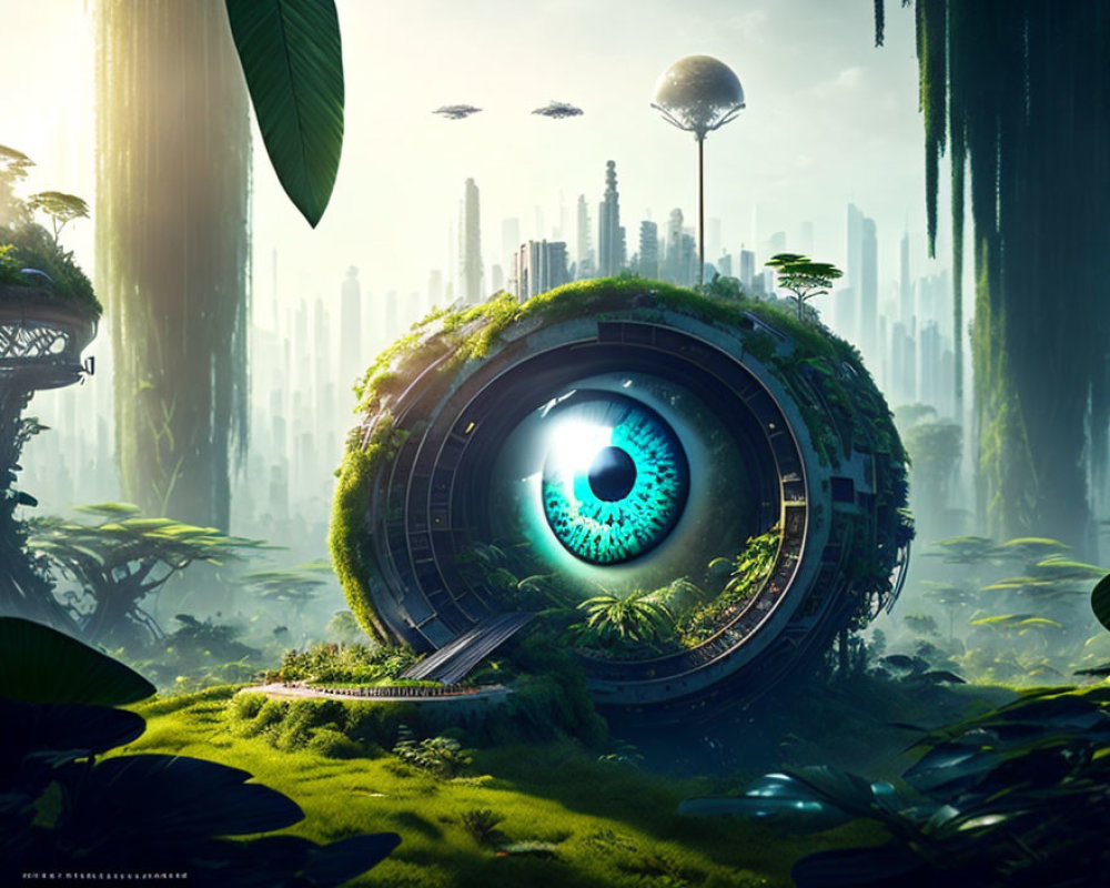 Futuristic cityscape with eye-shaped structure and lush greenery