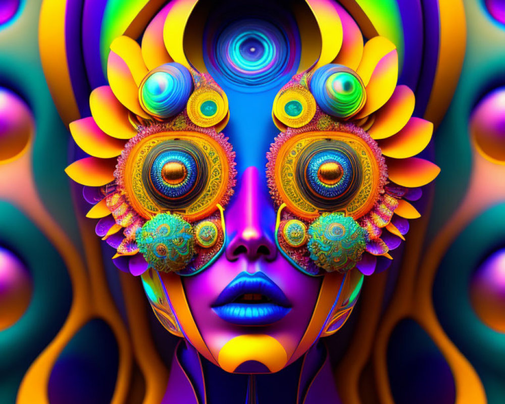Symmetrical abstract face with floral and geometric patterns in purple, gold, and blue